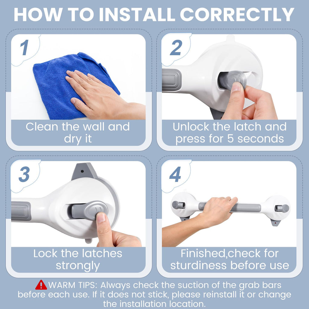 Reyiu Grab Bars for Bathtubs and Showers, 16.5 Inch Handicap Shower Handle Safety with Indicators, Suction Cup Grab Bar for Shower Chair Stool, Seniors, Elderly (2 Pack)
