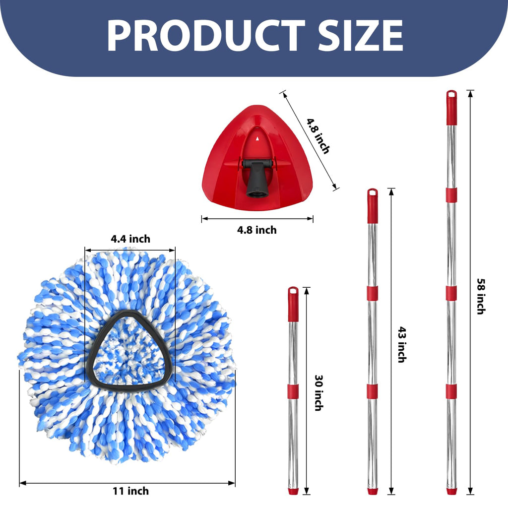 Spin Mop Replacement Set, Includes 2 Mop Head Replacement, 1 Mop Handle (30-58in Adjustable 4-Section Pole), 1 Spin Base