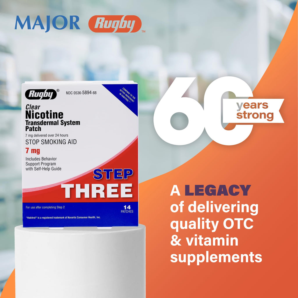 Rugby Clear Nicotine Patches - 7mg Transdermal System Patch - Smoking or Vaping Quitting Aid - Step 3 - (1 Pack)