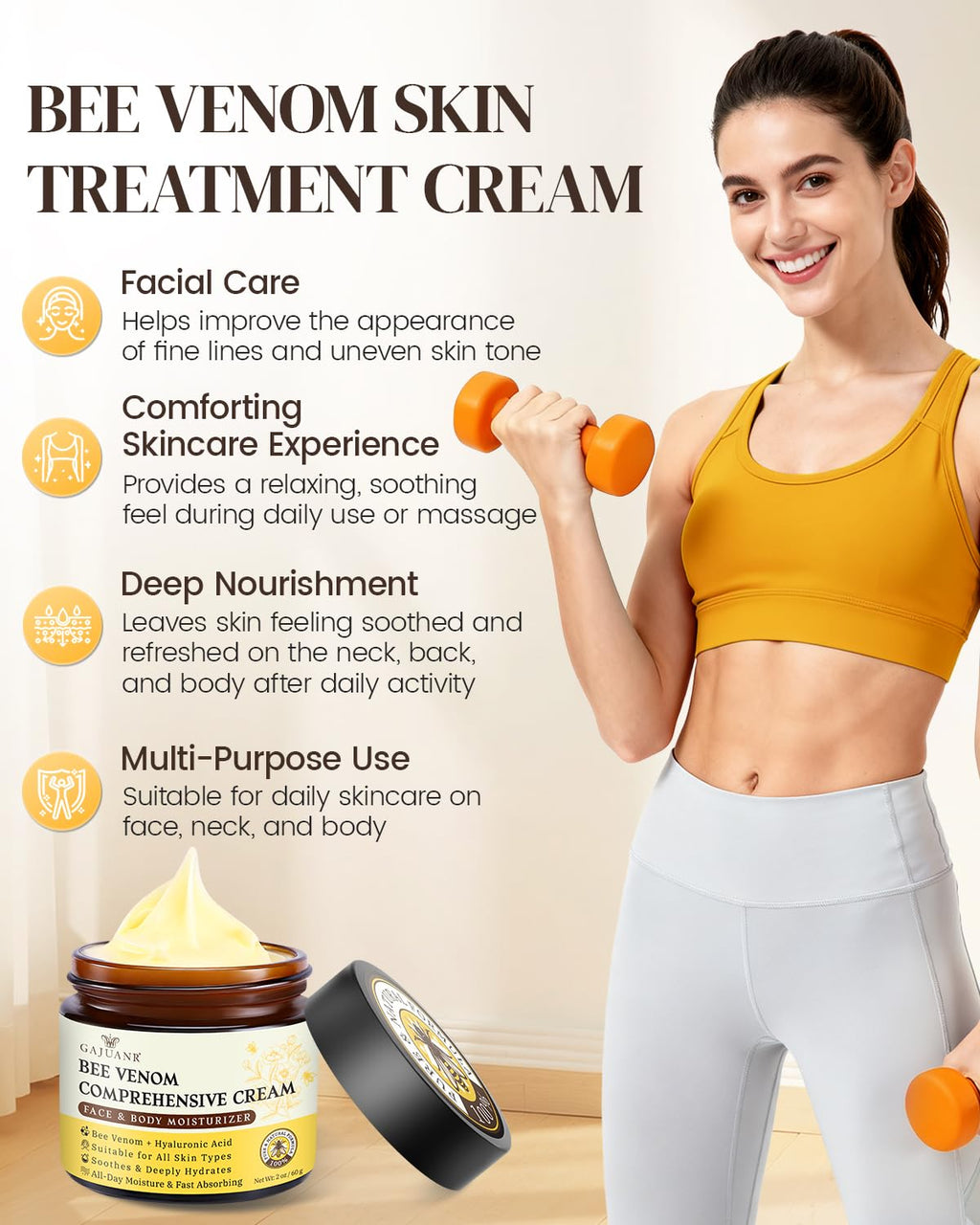 GAJUANR Bee Venom Moisturizing Cream, All-in-One Nourishing Moisturizer with Hyaluronic Acid, Firming & Hydrating Face and Body Cream, Natural Gentle Formula for All Skin Types (60g * 2PCS)