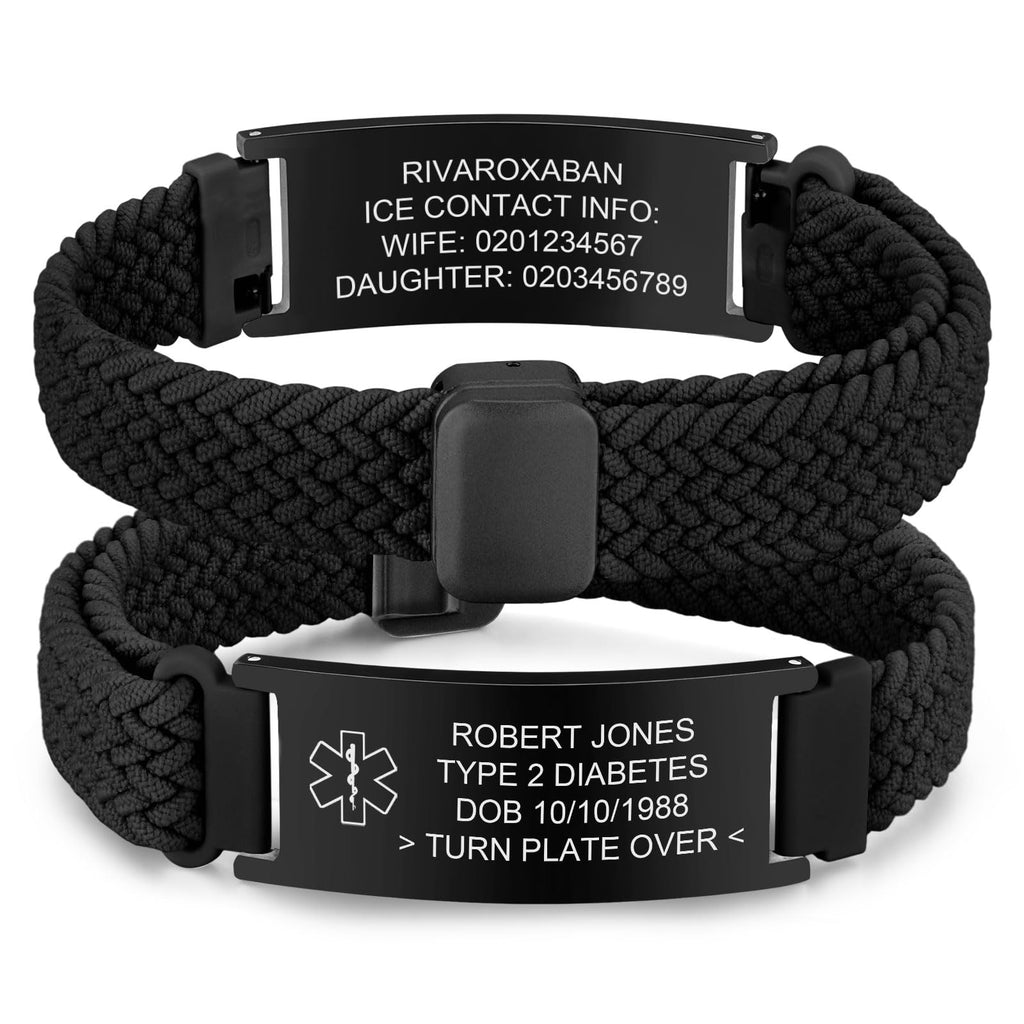 VNOX Medical Alert Id Bracelet for Men Women, Adjustable Customizable Stretchy Rope Emergency Survival Medic Bracelets Wristband Loop Band with Removeable Tag,Black