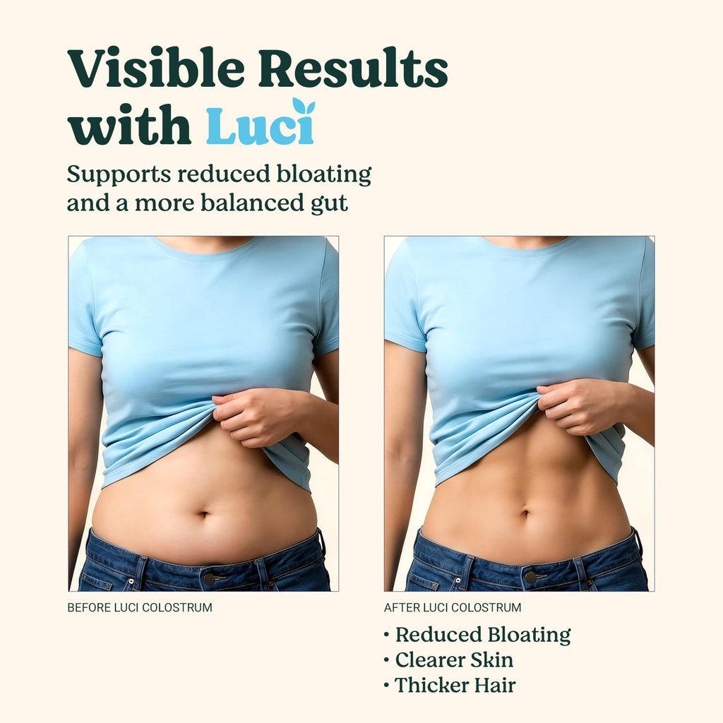 Luci Colostrum Powder 60 Servings 3 in 1 with Collagen Peptides and Acai, Bovine Colostrum for Gut Health, Bloating, Collagen Protein for Muscle, Skin, Hair, Nails and Immunity, Gluten & Fat Free 180g
