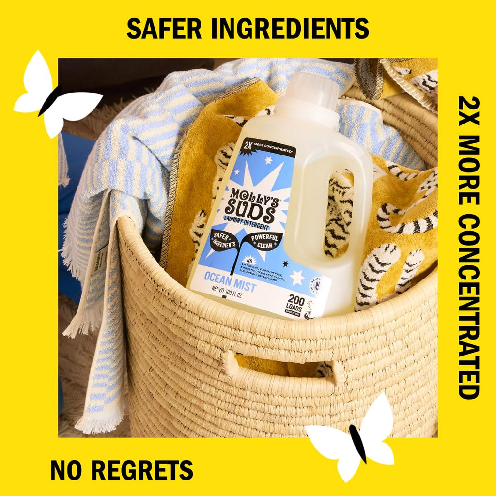 Molly's Suds Liquid Laundry Detergent | Clean Laundry Detergent Soap for Sensitive Skin | 2x Concentrated, High Efficiency (HE) | Ocean Mist - 100 Loads
