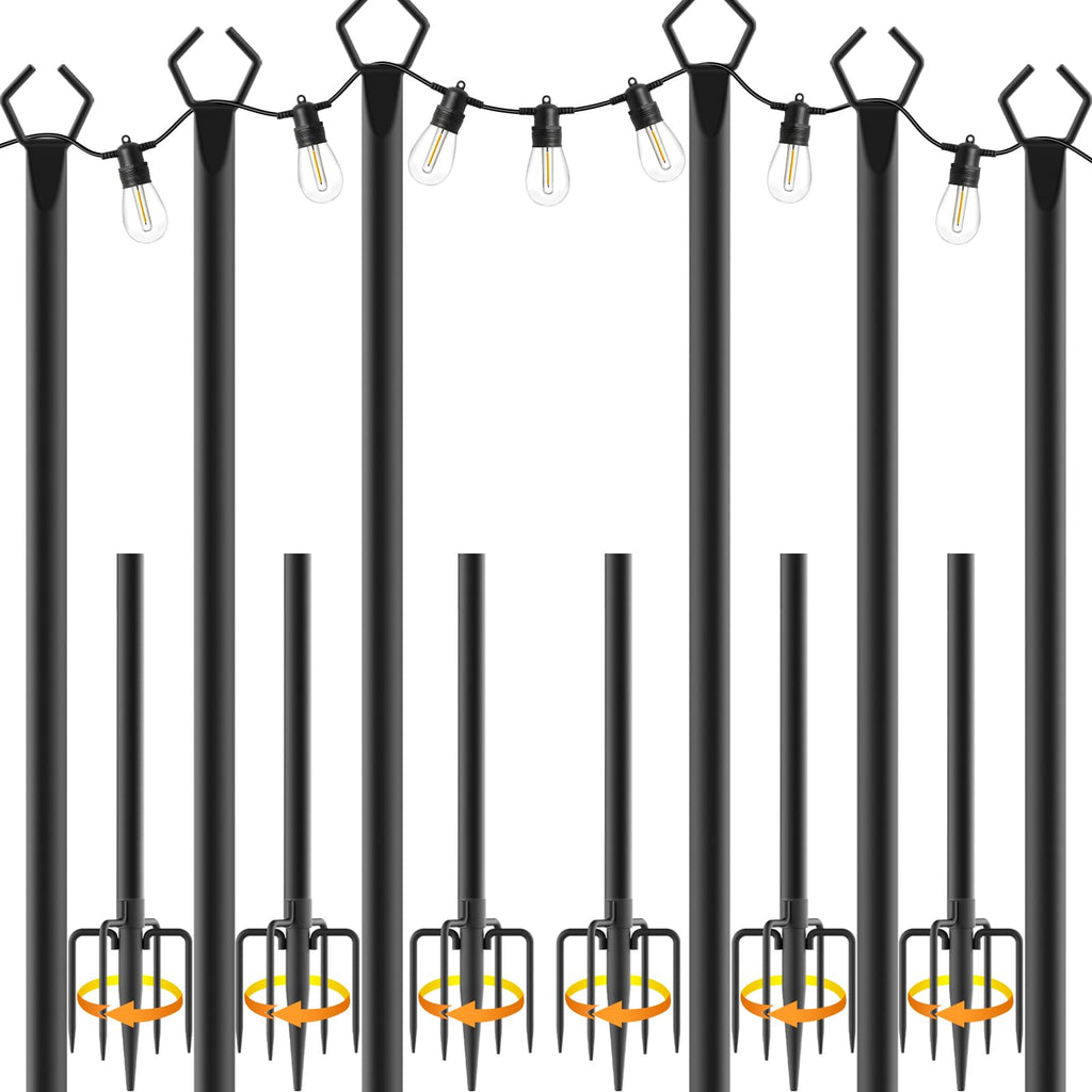NSHWFW 6 Pack 10 ft Heavy Duty Metal String Light Poles Adjustable Outdoor Lighting Stand for Patio,Backyard,Garden,Party & Wedding Rustproof & Sturdy with Hooks