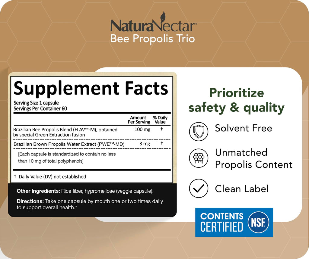 NaturaNectar - Bee Propolis Trio Capsules, NSF Certified Premium Brazilian Propolis - Gluten-Free Supplements with More Diverse Flavonoids & PWE - Naturally Sourced Through Ethical Beekeeping (60pcs.)