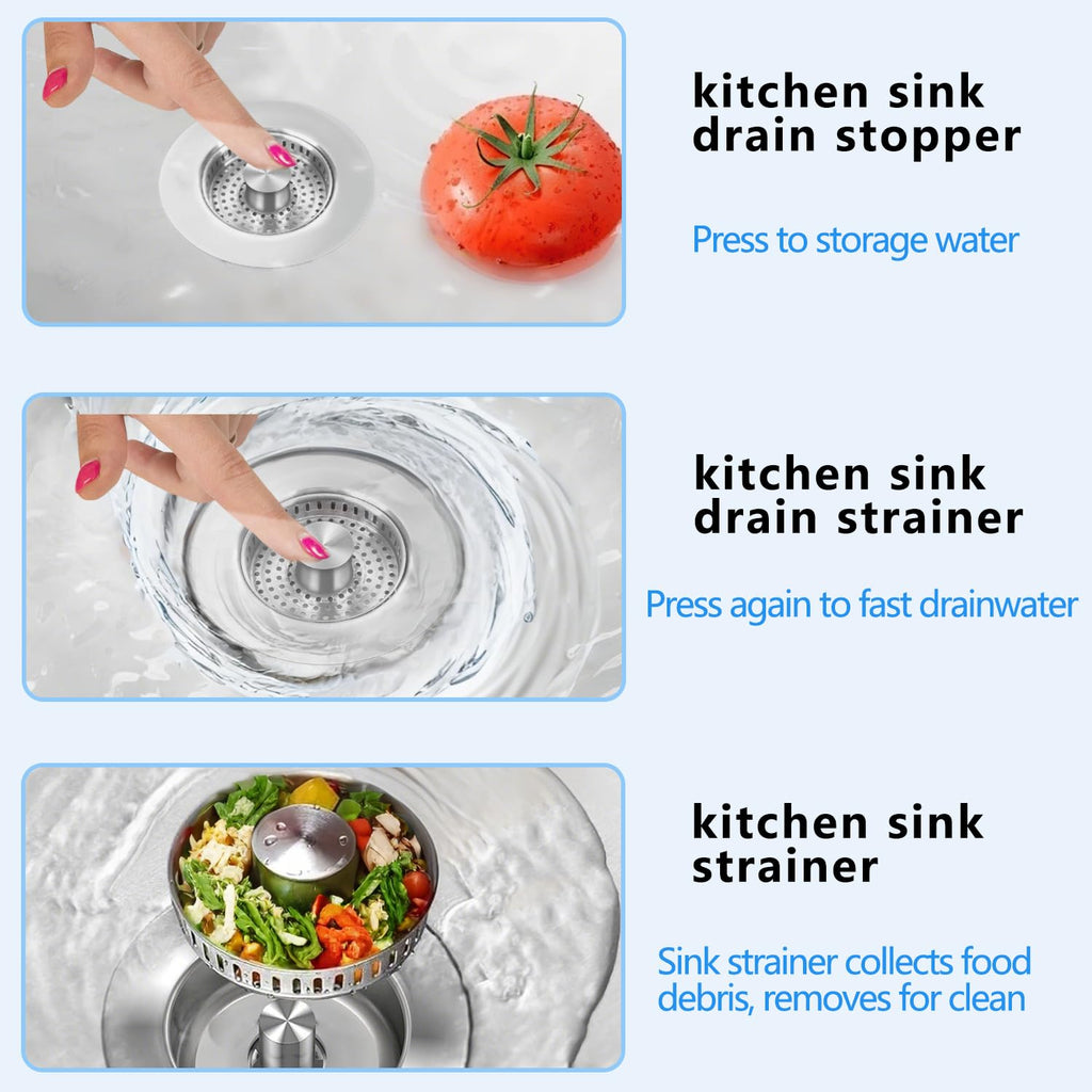 Sink Drain Strainer 3 in 1, 304 Stainless Steel Pop Up Kitchen Sink Stopper with Anti-Clogging Basket, Kitchen Essential Drain Anti-Clog Gadgets, Fits US Standard 3-1/2'' Sink Drain (Silver, 2 Pack)