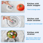 Sink Drain Strainer 3 in 1, 304 Stainless Steel Pop Up Kitchen Sink Stopper with Anti-Clogging Basket, Kitchen Essential Drain Anti-Clog Gadgets, Fits US Standard 3-1/2'' Sink Drain (Silver, 2 Pack)