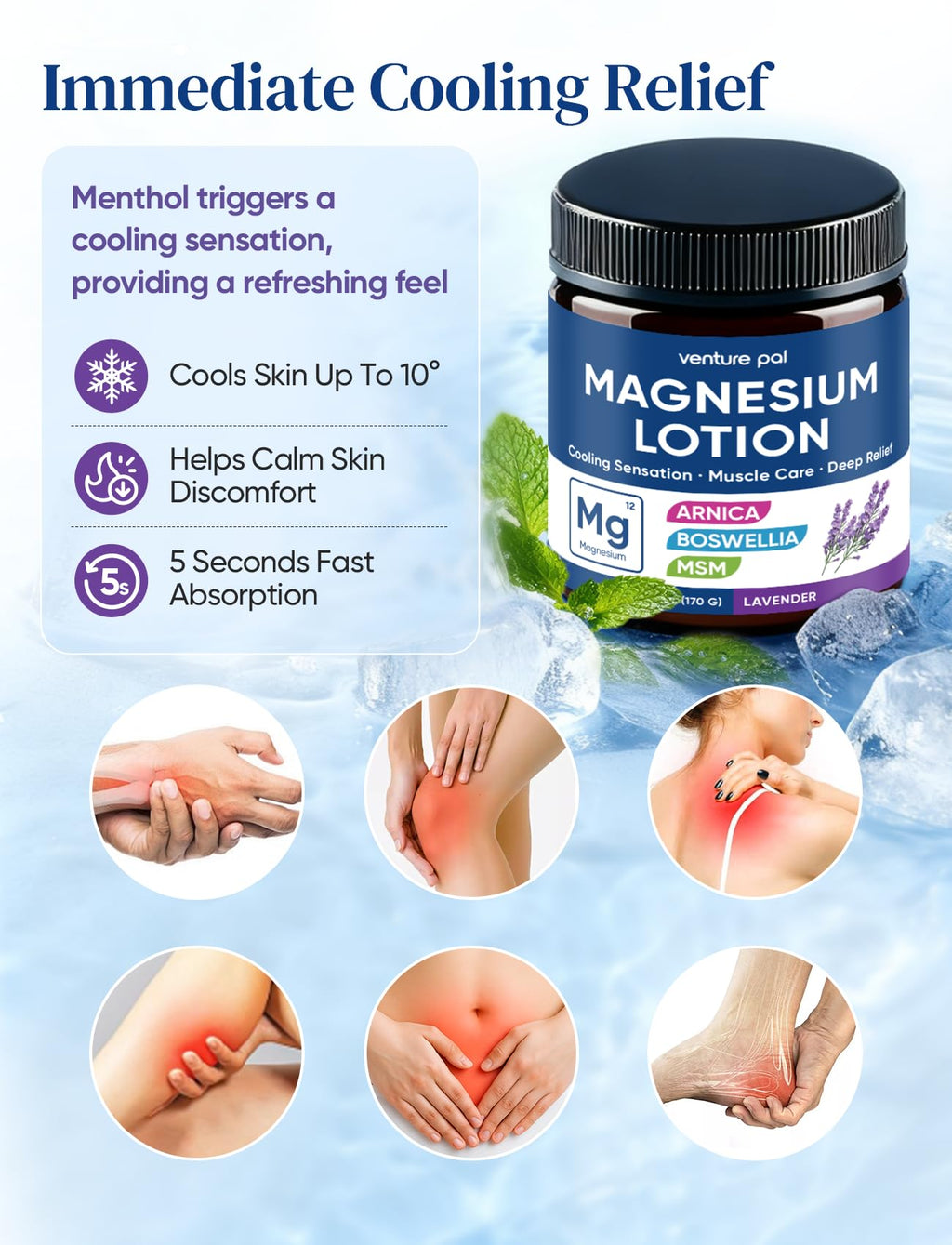 Magnesium Lotion with Arnica, MSM & Boswellia – Cooling Relief & Relaxation, Magnesium Cream for Muscles & Joints – Ideal for Legs or Feet - Safe for Kids – 6 fl oz