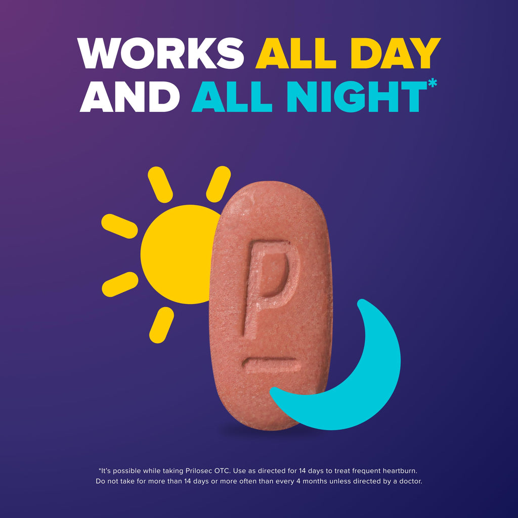 Prilosec OTC, Omeprazole Delayed Release 20mg, Acid Reducer, Treats Frequent Heartburn for 24 Hour Relief, All Day, All Night*, Heartburn Medicine, 20mg, Wildberry Flavor, 42 Tablets
