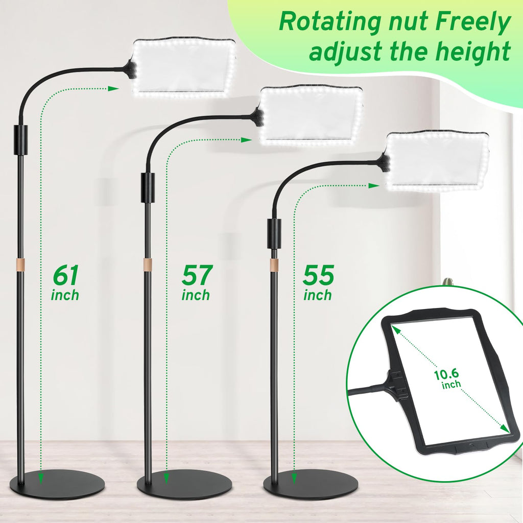 Hands-Free Floor Magnifying Glass with Light and Stand 48-LEDs Lighted Magnifying Lamp with 360° Flexible Gooseneck for Reading Close Work Repair Crafts