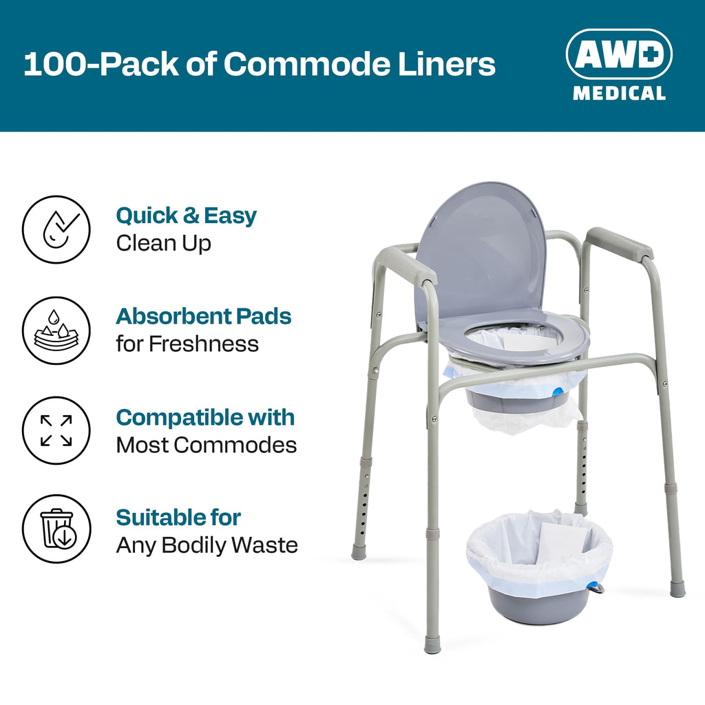 100 PACK - Commode Liners with Absorbent Pads - Adults Commode Bag Compatible with Most Toilets - Portable Commode Liners with Gel Pads - Disposable Bedside Toilet Liner Bags for Adult Potty Chair