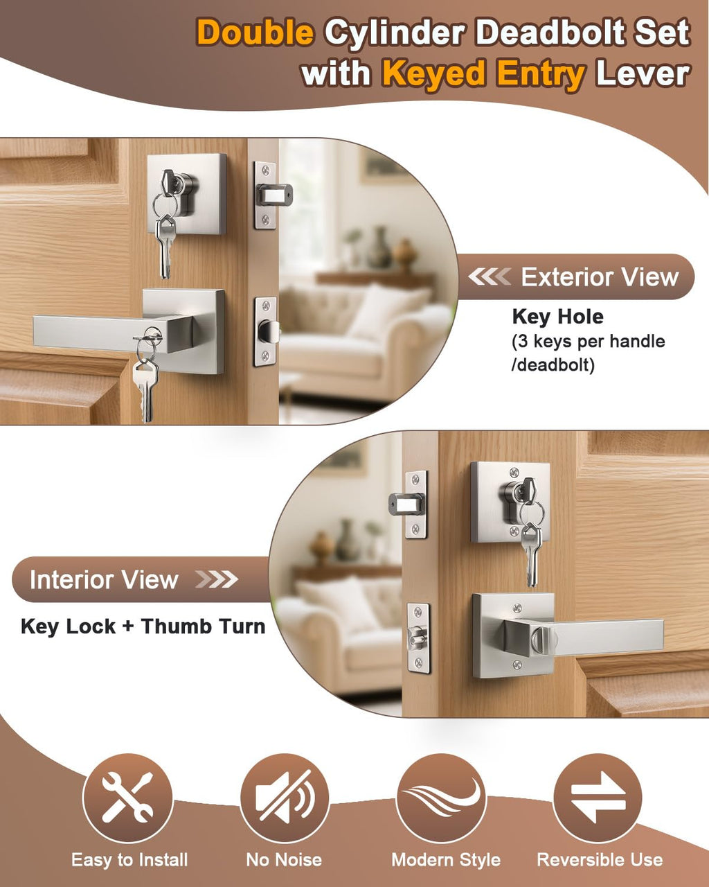 KNOBWELL 1 Pack Double Cylinder Keyed Entry Door Handle with Deadbolt, Brushed Nickel Front Door Handleset with Lock and Key
