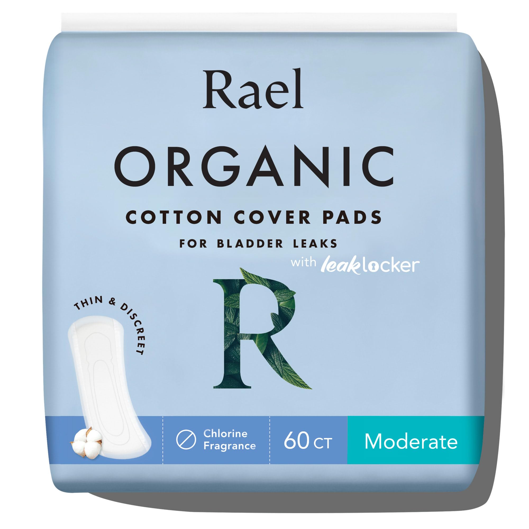 Rael Incontinence Pads for Women, Organic Cotton Cover, Postpartum Essential, Heavy Absorbency, Bladder Control, 4-Layer Core with Leak Guard Technology, Long Length (Moderate, 60 Count)
