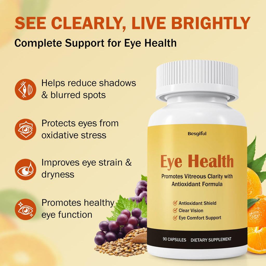Besgiful Eye Supplement for Vitreous Health, Promotes Clear Vision, Improves Eye Strain & Dryness, Reduces Squiggly Lines, Eye Degeneration, Clear Eye Support, 90 Vegan Capsules