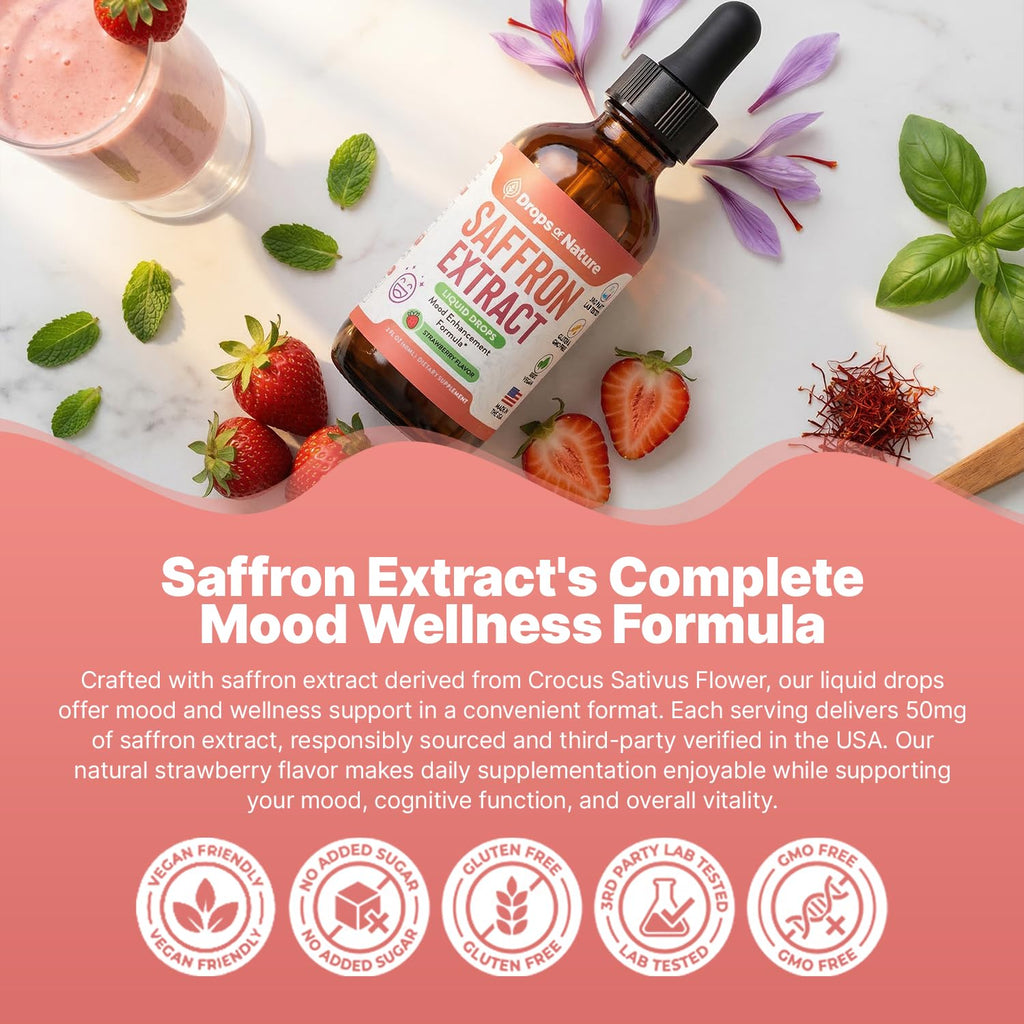 Saffron Supplements for Kids & Adults – Made with Pure Saffron Extract – Vegan, Fast Absorbing – Mix with Drinks – Supports Eye Health, Emotional Balance and Antioxidant Level Boost (Strawberry, 60mL)