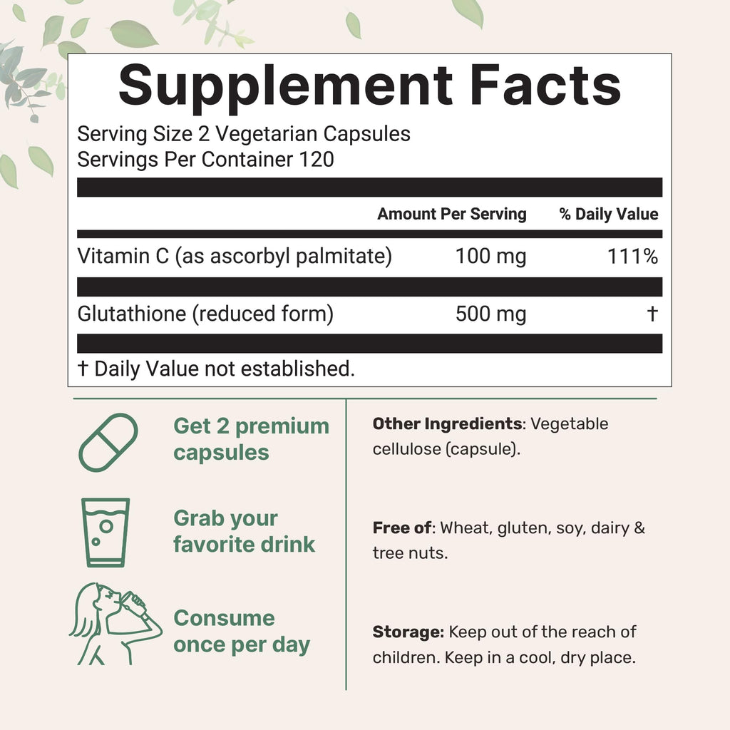 Micro Ingredients Glutathione 500mg with 100mg Vitamin C Supplement, 240 Veggie Capsules | Reduced Glutathione + Fat Soluble Ascorbyl Palmitate Complex | Non-GMO, Filler Free