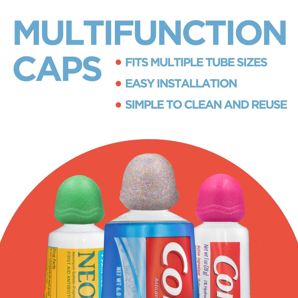 Chrome Cherry SqueezMe Self-Closing Toothpaste Caps, Silicone Lid for Kids & Adults, No Mess Toothpaste Dispenser, Easy Squeezer Cap for Tubes, Bathroom Accessory, Glitter, Pack of 6