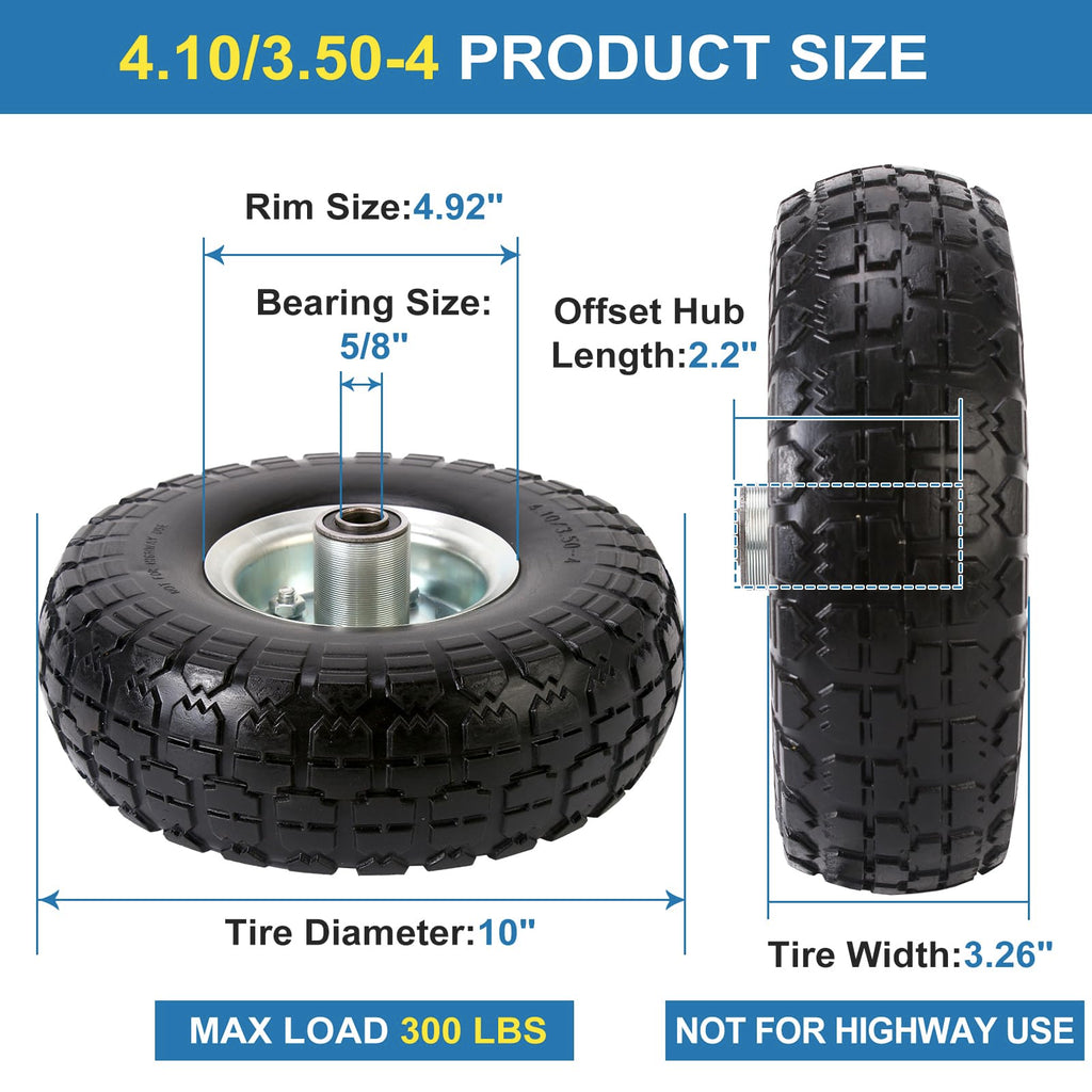 RRQ 10 Inch Solid PU Tire and Wheel, Flat Free 4.10/3.50-4" Tire, 2 Pack