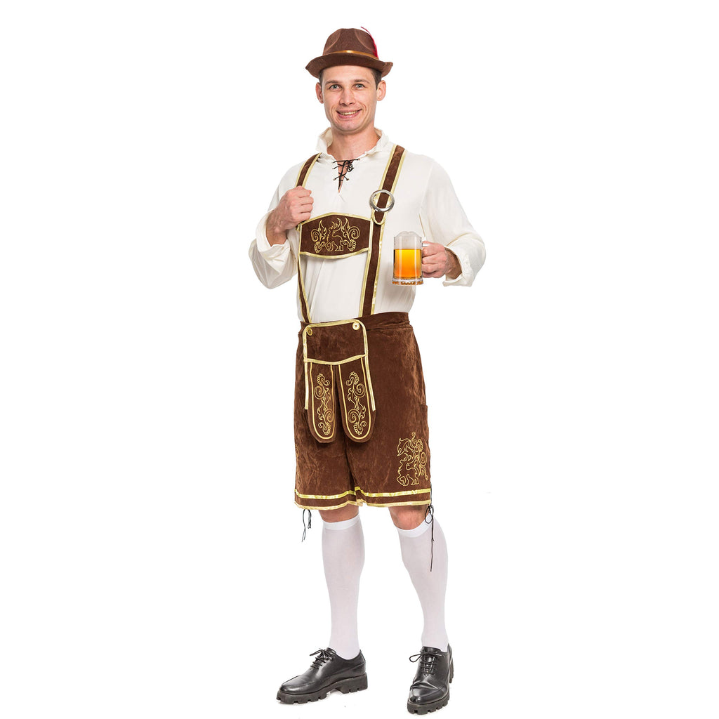 Spooktacular Creations Halloween Men Oktoberfest Costume Set, Lederhosen Men with German Bavarian Hat, Beer Costume, Adults Halloween Brown Outfit for Beer Festival Party (Medium)