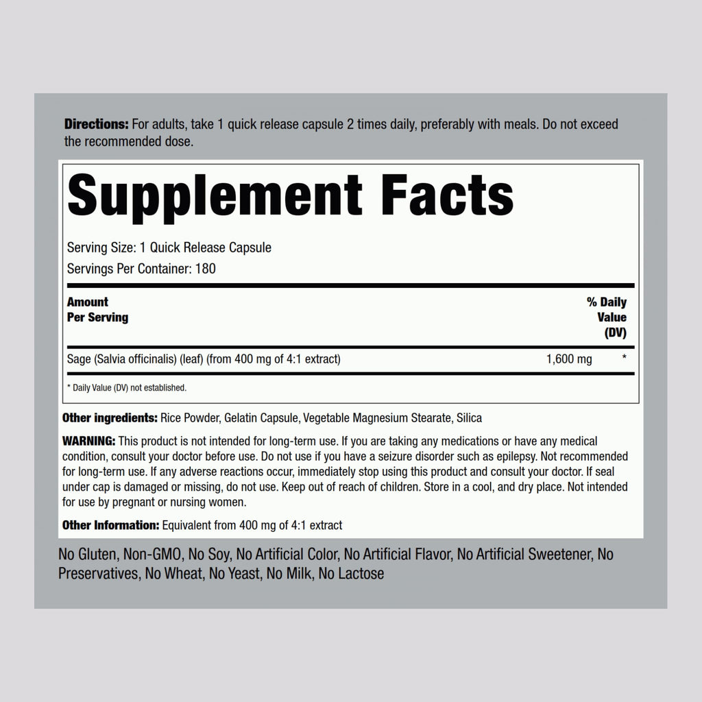 Piping Rock Sage Supplement | 180 Capsules | Concentrated Herbal Extract