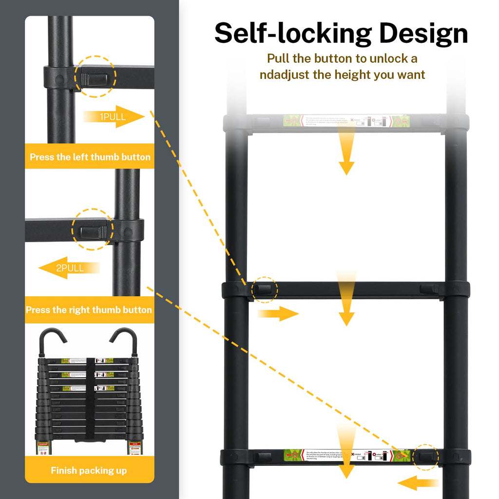 RIKADE Telescopic Ladder, 16.5 ft Aluminum Telescoping Ladder with Non-Slip Feet and Stable Hook, Portable Extension Ladder for Household and Outdoor Working, Max Load 330 lb, Black