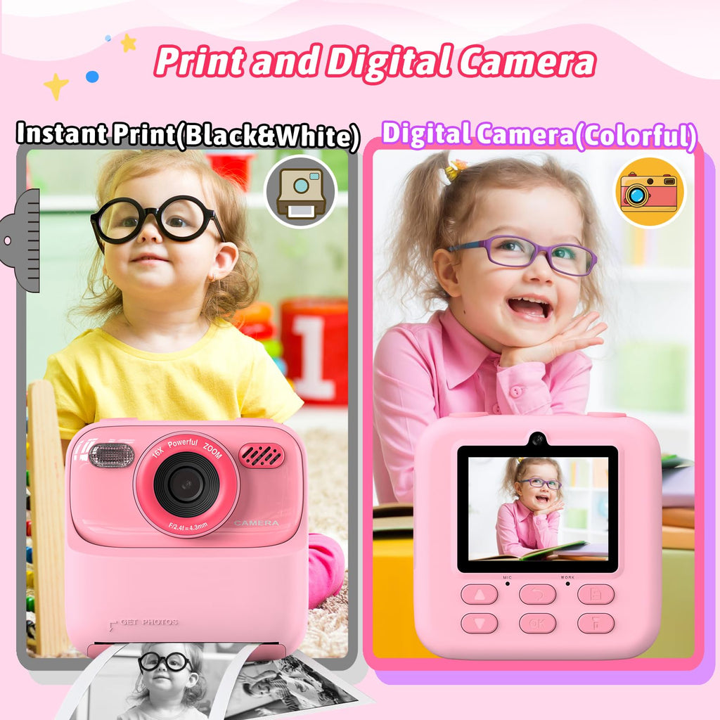 Kids Instant Digital Cameras for Boys and Girls, 1080P HD Dual-Lens Selfie Digital Camera with Print Paper & TF Card, Christmas Birthday Gifts Toys for Toddler and Teenagers Age 3-16 Years Old