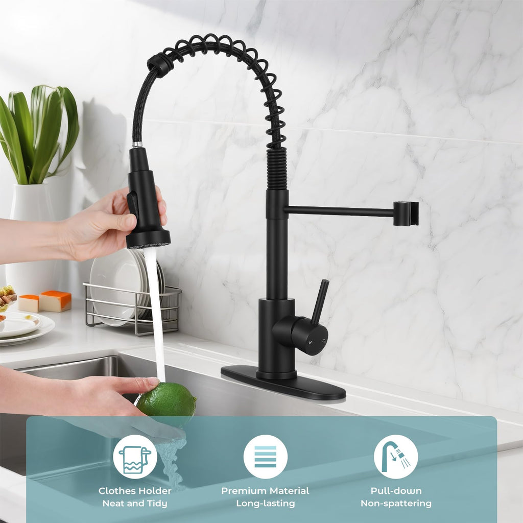 KHQF Kitchen Faucet with Pull Down Sprayer,Commercial Single Handle Stainless Steel Kitchen Faucets with Deck Plate (Matte Black)