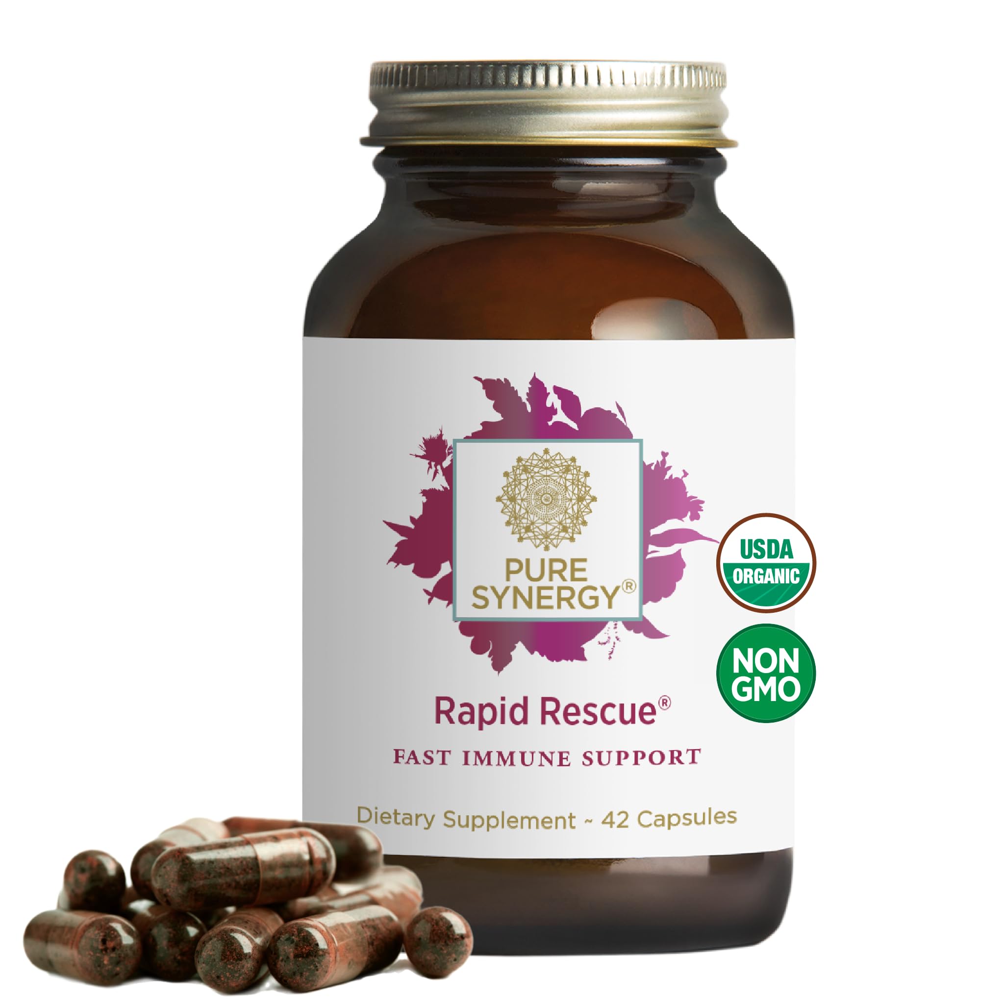 PURE SYNERGY Rapid Rescue | Organic Immune Support Capsules | Herbal Supplement with Echinacea, Elderberry, and Olive Leaf Extracts | for Immediate Immune Support (42 Capsules)