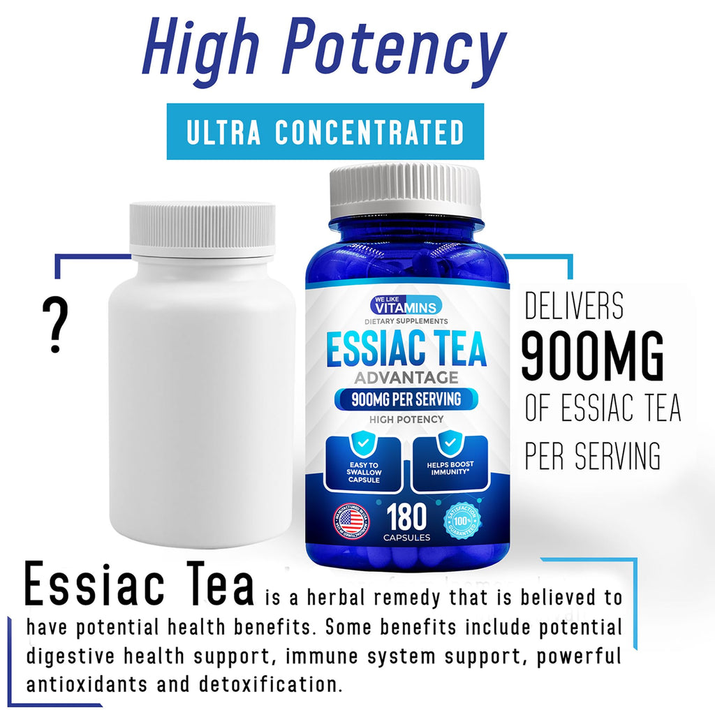 We Like Vitamins Essiac Tea Capsules - 180 Count Immune Support Supplement with Burdock, Sheep Sorrel, Slippery Elm & Turkey Rhubarb - Genuine Essiac Tea 900mg Daily Dose