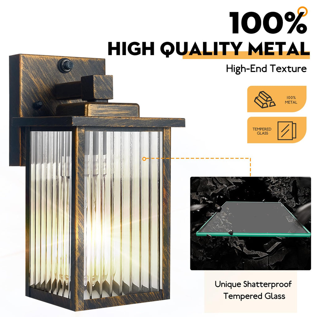 hameso 2 Pack Outdoor Wall Lights with Dusk to Dawn Sensor, Waterproof Exterior Lights for House Porch and Garage, Black Brush Gold Metal Wall Sconce with Textured Glass