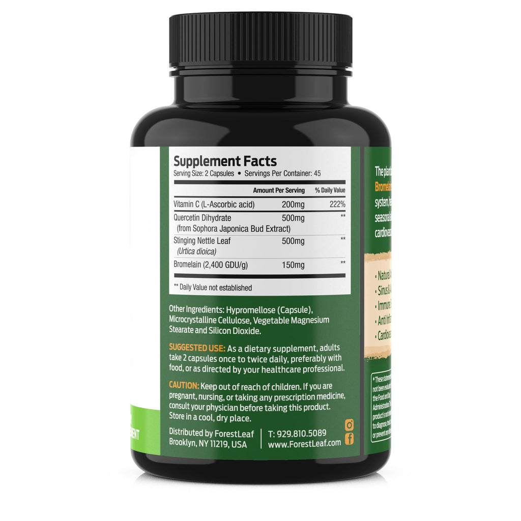 ForestLeaf Quercetin with Bromelain 1350mg - Blend with Vitamin C & Stinging Nettle Supplement, Quercetin 500mg Capsules, Non-GMO Gluten Free, Natural Function, 90 Veggie Caps