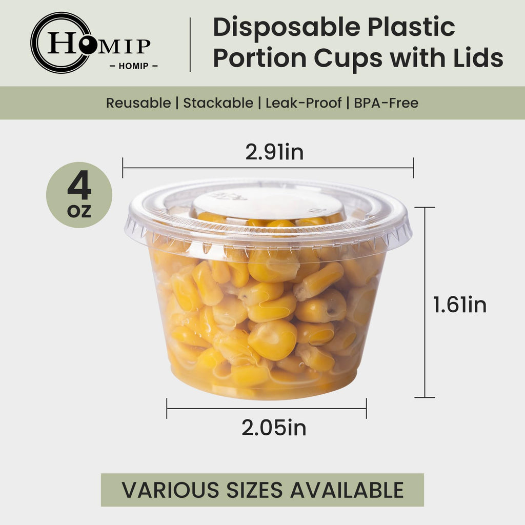 HOMIP 100PACK 4oz Plastic Portion Cups with Lids, Condiment, Jello Shot Cup