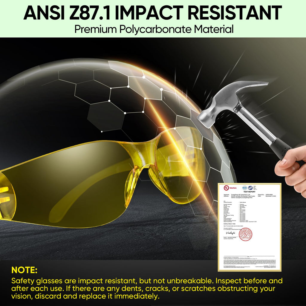 TICONN 12 Clear Safety Glasses for Men and Women, Safety Goggles with Scratch Impact Resistant Meets ANSI Z87.1 Standard (Yellow, 12 Pack)