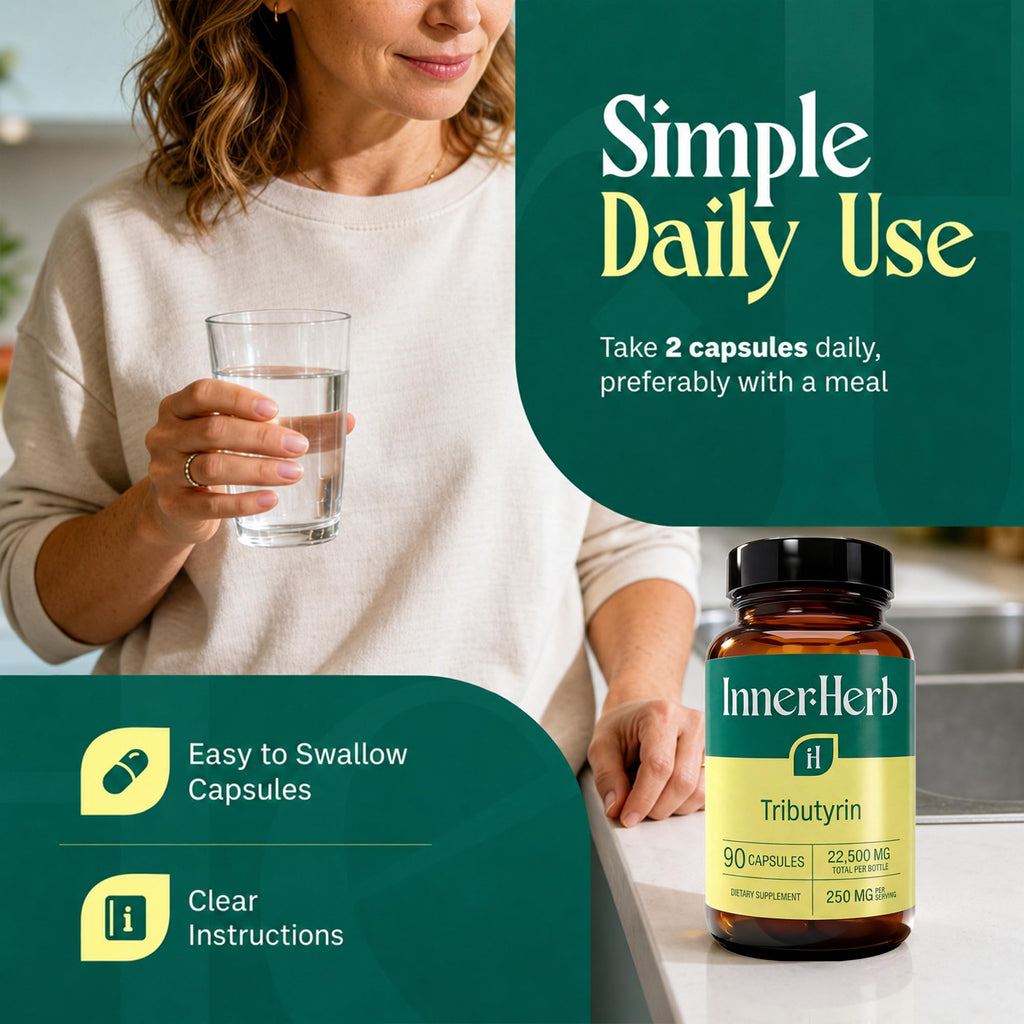 InnerHerb Tributyrin 250mg Supplement | Single Ingredient Tributyrin | 90 Vegan Capsules | Clean Label | Unflavored | 1 Capsule Daily | 90-Day Supply