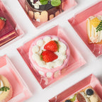 ZORRITA 50 Pack Small Pink Paper Charcuterie Boxes with Clear Lids, 4 Inches Disposable Sandwich Boxes Square To Go Food Containers for Desserts, Strawberries, Cake Slice and Cookies