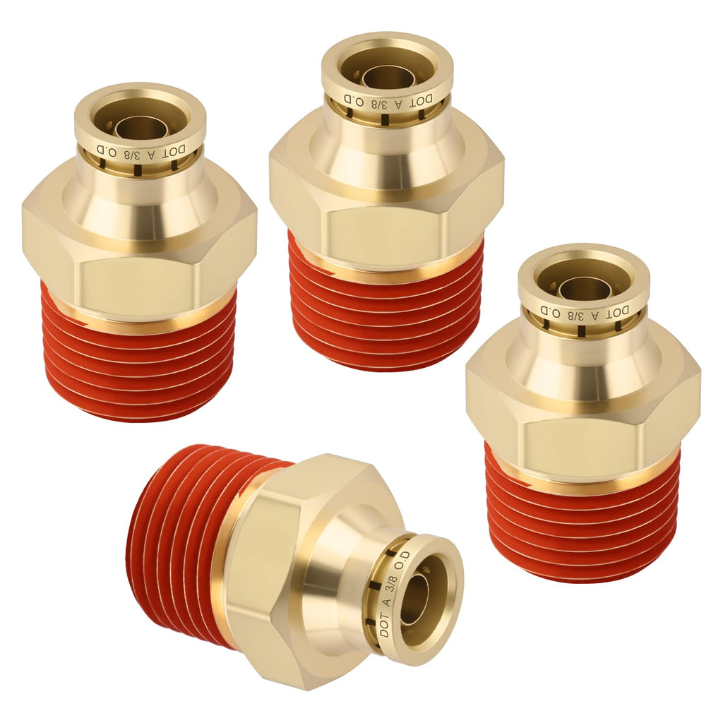Boeray 3/8" Quick Push to Connect Fittings Brass Union Straight Joint DOT Approved 3/8" Tube OD x 1/2" NPT Thread Air Line Adapter Air Suspension Kit for Truck Trailers and Air Brake System 4pcs