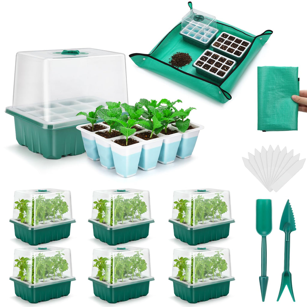 Hanaoyo Reusable Seed Starter Tray with 72 Soft Silicone Cells, 6 Pack Seed Starter Kit with Repotting Mat, Humidity Dome and High Lid, Germination Trays for Indoor Greenhouse Seed Starter