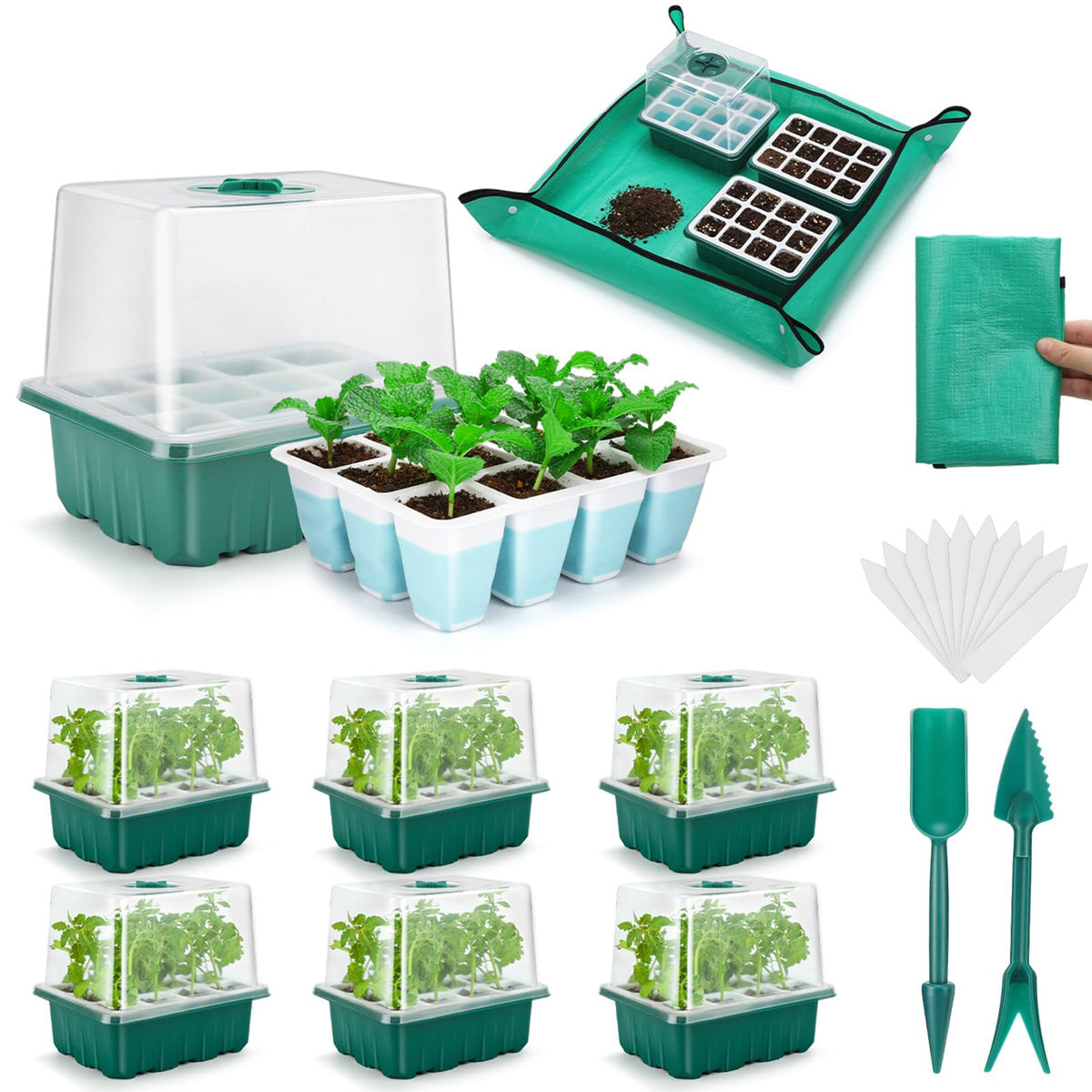 Hanaoyo Reusable Seed Starter Tray with 72 Soft Silicone Cells, 6 Pack Seed Starter Kit with Repotting Mat, Humidity Dome and High Lid, Germination Trays for Indoor Greenhouse Seed Starter