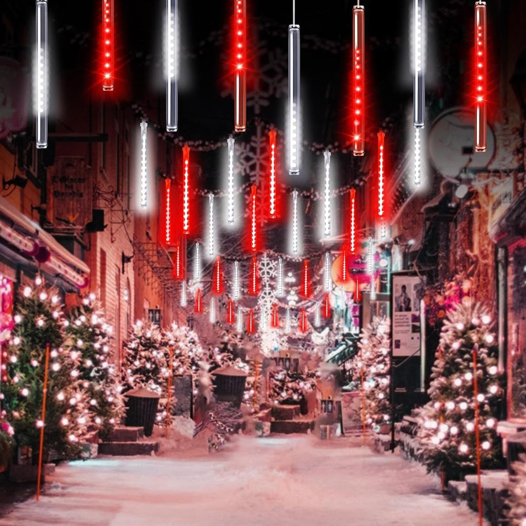 Solar Meteor Shower Lights Outdoor Decorations, Waterproof Christmas Lights Solar Powered, 16 Tubes 384LED Icicle String Light, Snow Cascading Raindrop Light for Tree Party Garden Decor(Red and White)