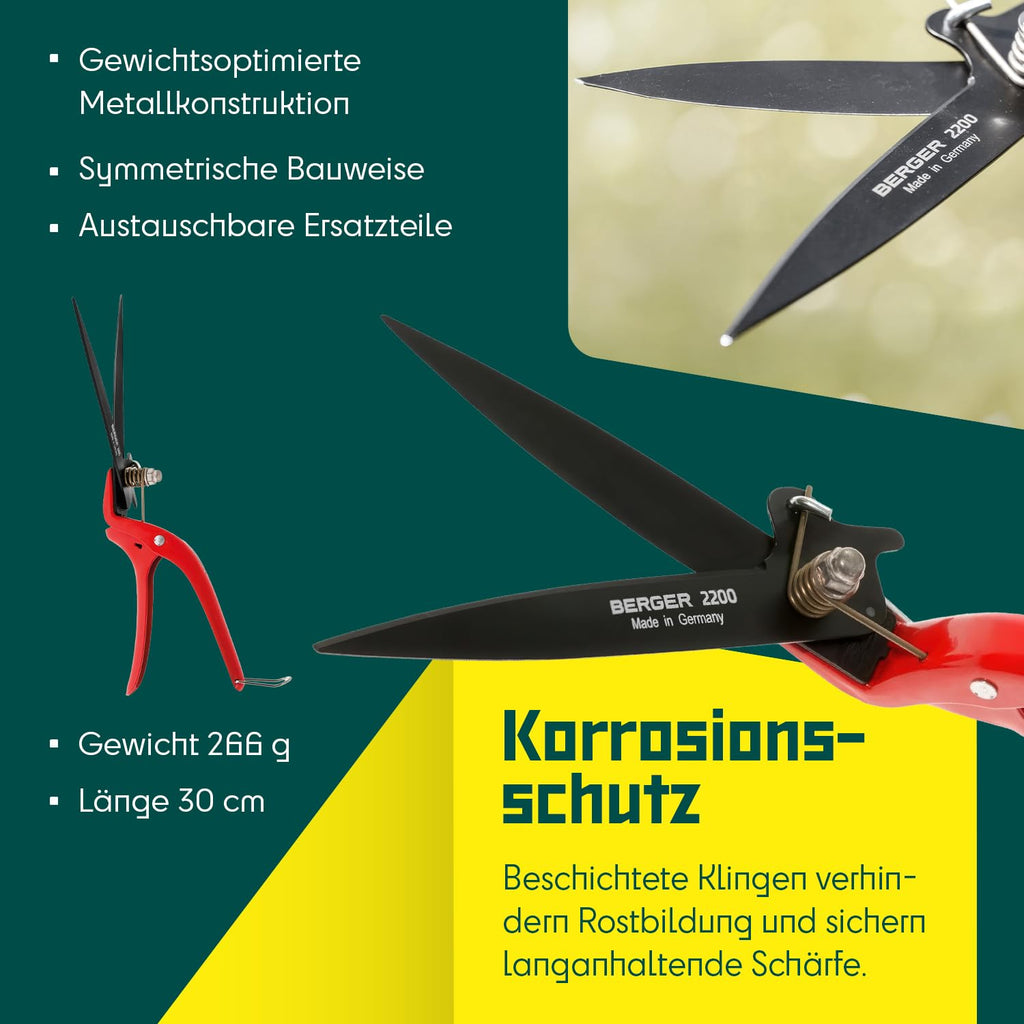 BERGER Grass Shears – Lawn Edging Clippers with Self-Sharpening Anti-Stick Blades, Forged Steel Construction, Ambidextrous Design, Ring Clasp for Hanging Storage – 2200