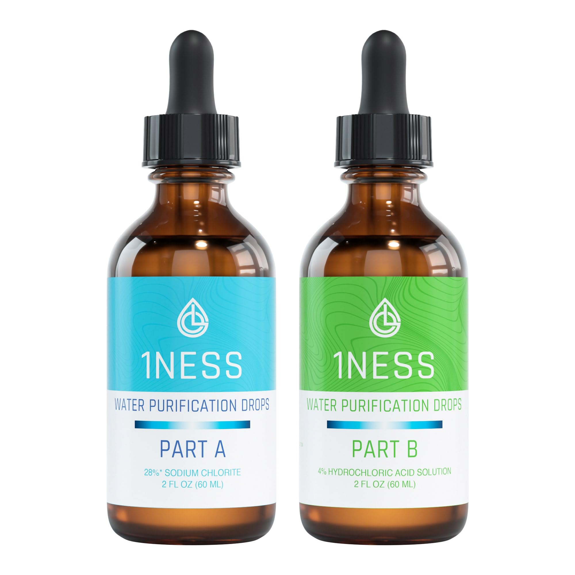 1ness Chlorine Dioxide Kit - Set Hydrochloric Acid 4% (HCl) : Sodium Solution 28% (2oz Bottle A + 2oz Bottle B)