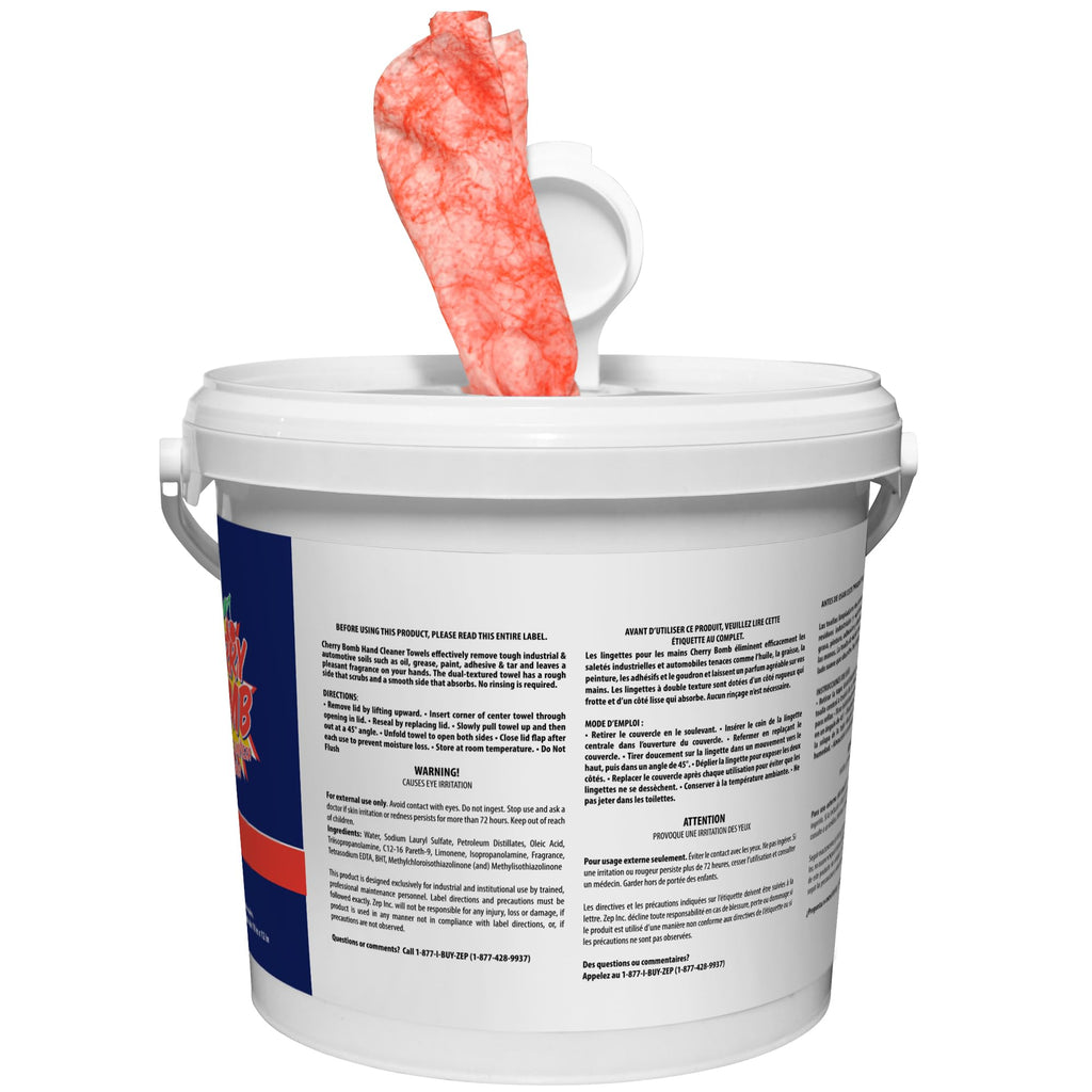 Zep Cherry Bomb Hand Cleaner Towels - 130 Towels Per Bucket (Case Of 4) 346601 Removes Stubborn Industrial Soils Such As Grease, Tar, Ink, Paints and More
