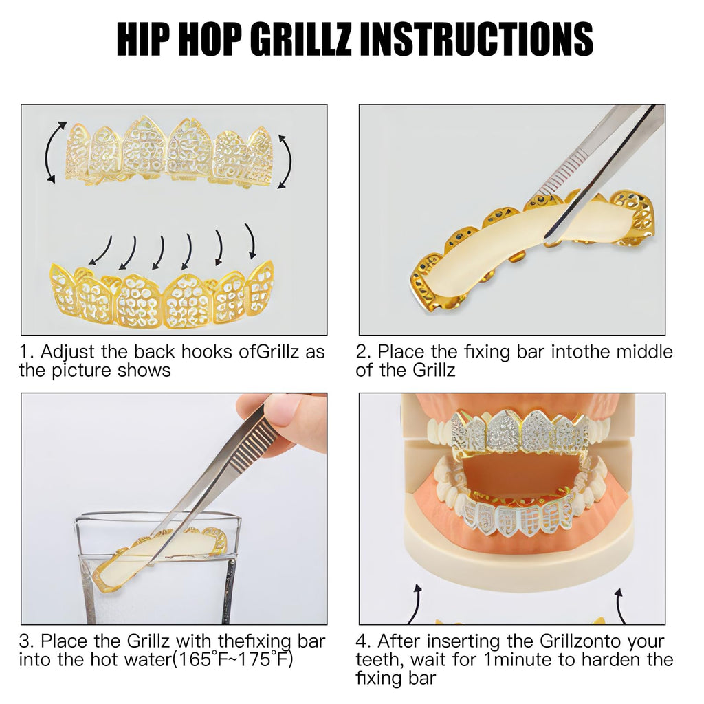 ASLLRISONY Unisex Gold-Plated Brass Hip Hop Imitation Diamond Fang Vampire Grillz, Halloween Costume Accessory Cosplay, 6 Top and Bottom Set Teeth Grillz with Extra Molding Bars