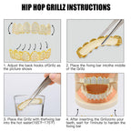 ASLLRISONY Unisex Gold-Plated Brass Hip Hop Imitation Diamond Fang Vampire Grillz, Halloween Costume Accessory Cosplay, 6 Top and Bottom Set Teeth Grillz with Extra Molding Bars