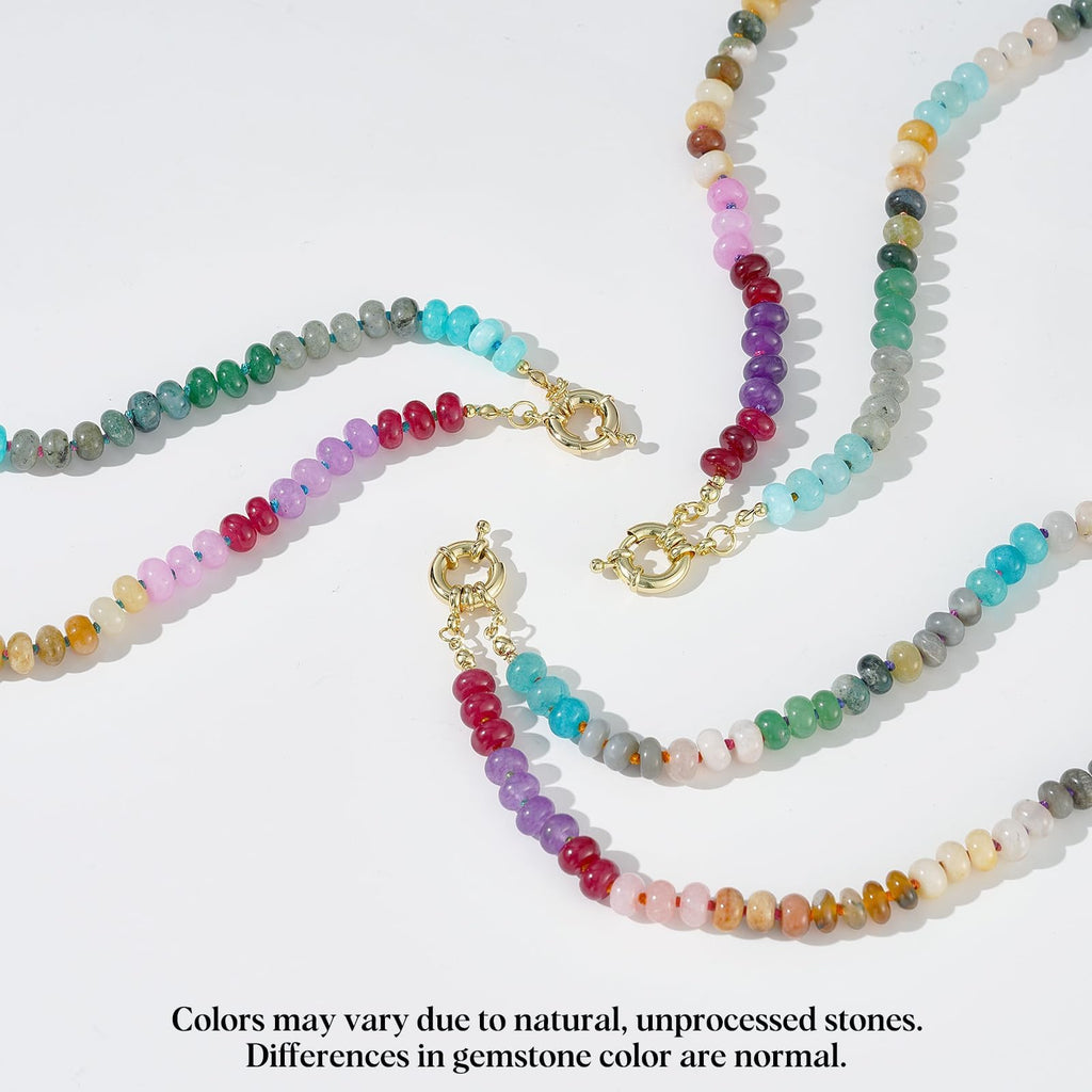 KissYan Beaded Gemstone Necklace for Women, Colorful Boho Bead Choker Natural Stone Surfer Beach Necklaces 14K Gold Plated Summer Handmade Jewelry(B08)