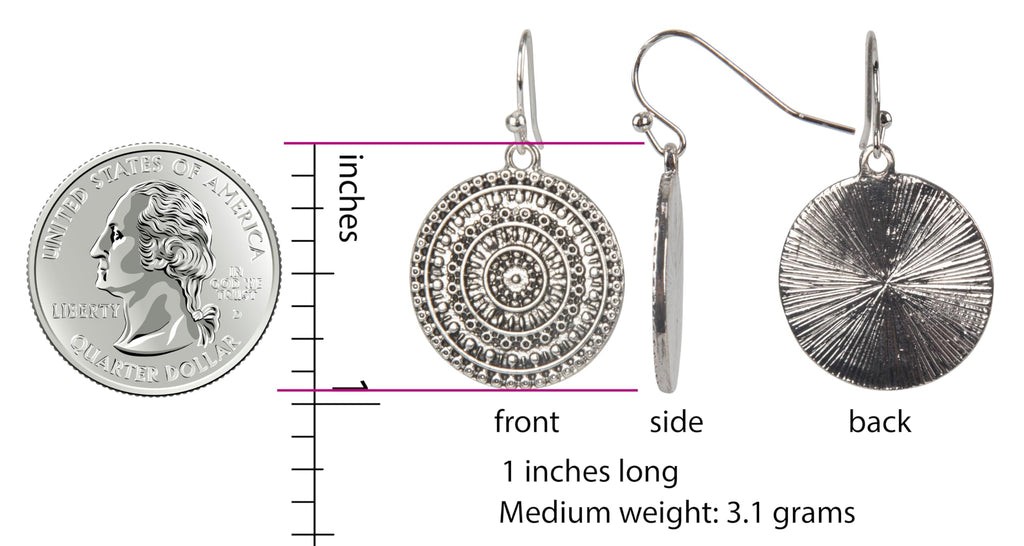 Boho Silver Medallion Drop Earrings for Women – Lightweight Hammered Disc Dangle Earrings with Tribal Mandala Design – Fashion Jewelry Gift for Free Spirits (Silver with Hook)