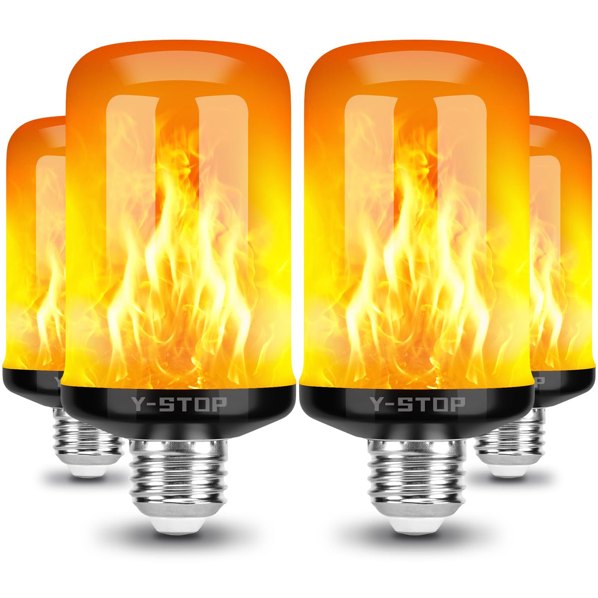 Y- STOP Upgraded Flame Light Bulbs, 4 Modes Flickering Light Bulb with Upside Down Effect, E26 Base Flame Bulb for Halloween Lights, Christmas Decorations Outdoor Indoor, Party Decor (4 Pack)