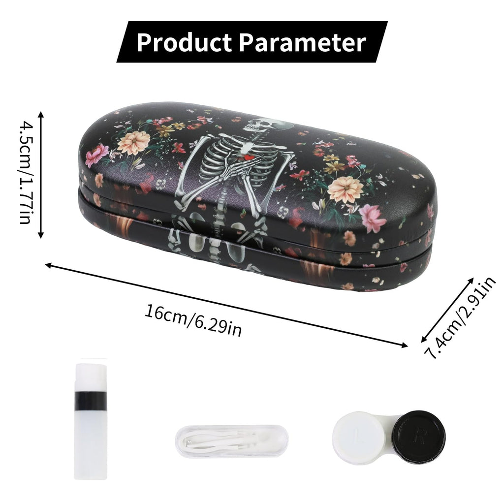 FlyingMage 2 in 1 Contact Lens Case and Eyeglasses Case for Women Men Kids, Double Sided Hard Shell Portable Glasses Travel Holder with Built-in Mirror, Contact Lens Box Storage Kit (Black Skull)