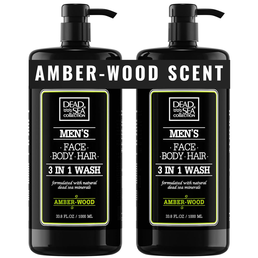 Dead Sea Collection Amber Wood Men’s Body Wash – 3 in 1 Body Wash for Men for Hair, Face & Body – Moisturizing Shower Gel with Dead Sea Minerals – Pack of 2 (33.8 fl oz each)