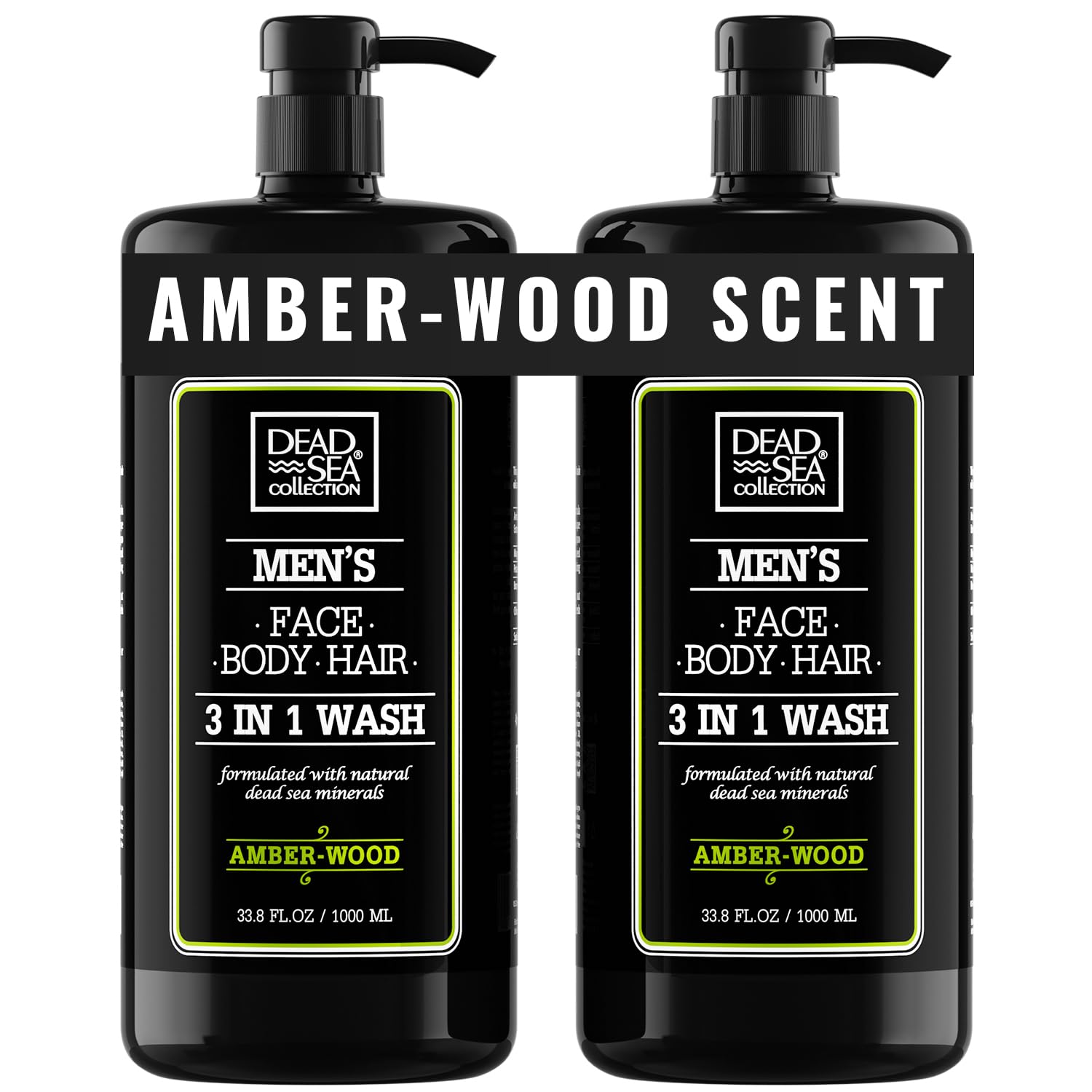 Dead Sea Collection Amber Wood Men’s Body Wash – 3 in 1 Body Wash for Men for Hair, Face & Body – Moisturizing Shower Gel with Dead Sea Minerals – Pack of 2 (33.8 fl oz each)